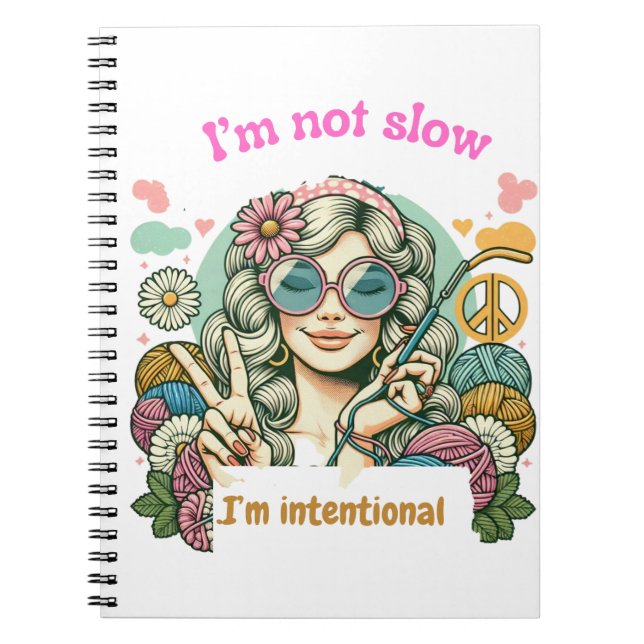 "I'm not slow, I'm intentional - Retro knitting hu Notebook (Front)