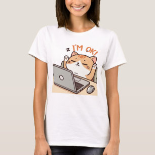 I'M OK Funny Lazy Cat Working on Laptop T-Shirt