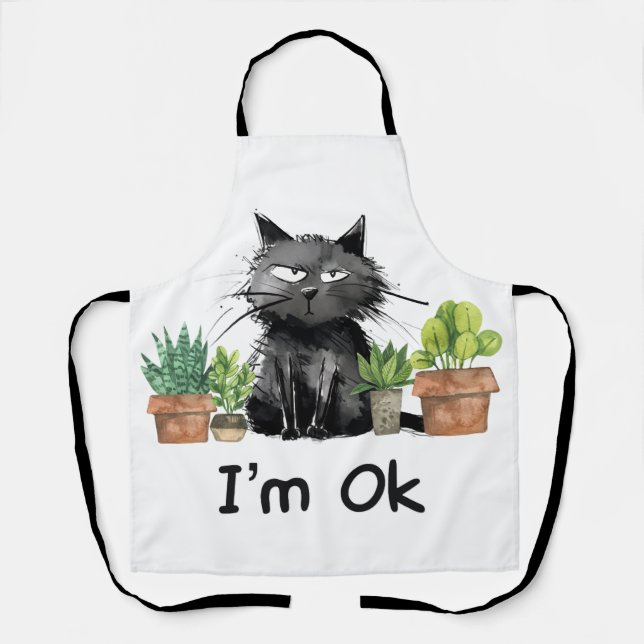 I'm OK Quilting Black Cat with plants Apron (Front)