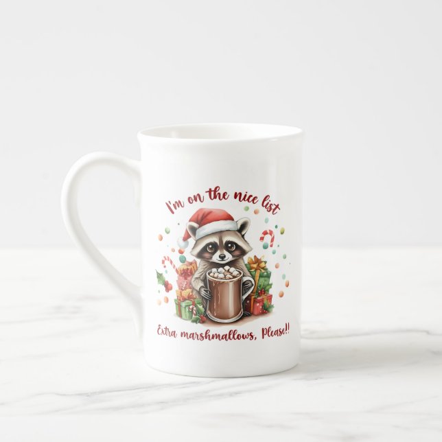 "I'm On The Nice List" Raccoon Christmas Bone China Mug (Left)