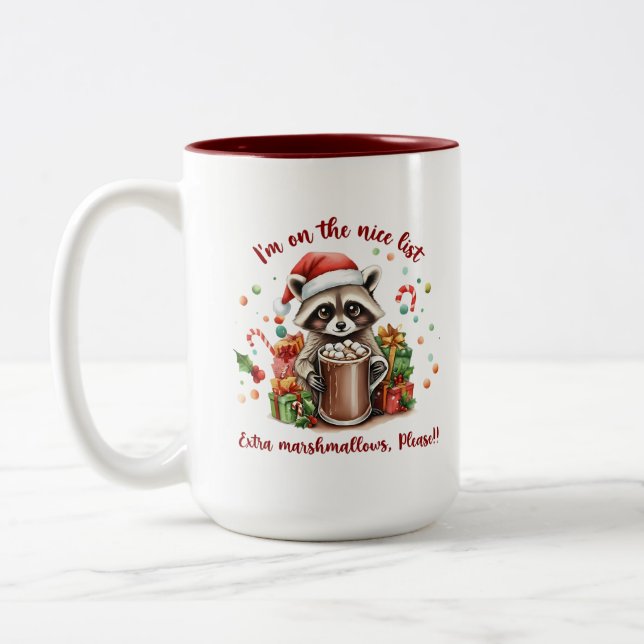 "I'm On The Nice List" Raccoon Christmas Two-Tone Coffee Mug (Left)