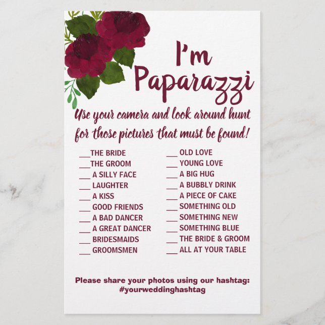 I'm paparazzi Game Card Red Flower Wedding (Front)