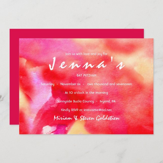 I'M RED WATERCOLOR  Bat Mitzvah Invitation (Front/Back)