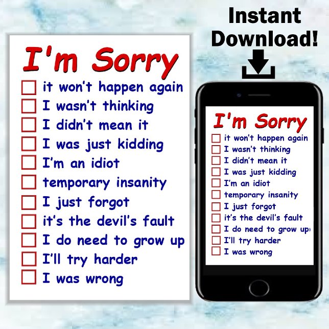 "I'm Sorry!" Check your Favourite Excuses! Card (Creator Uploaded)