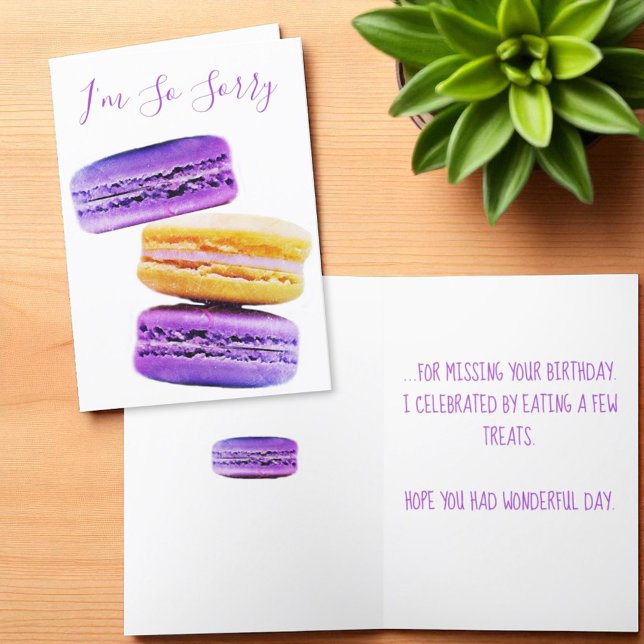 I'm Sorry Purple Macaron Cookies Belated Birthday Card (template greeting card cover and inside text)