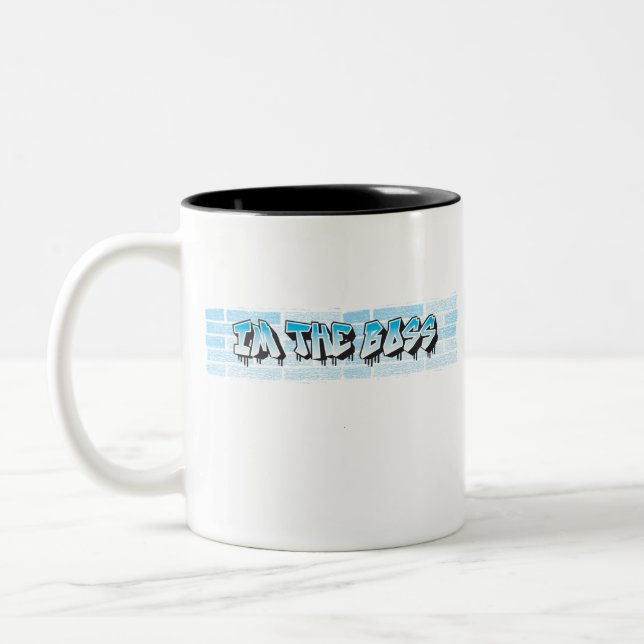 IM THE BOSS Graffiti Theme Blue Splatter Paint Two-Tone Coffee Mug (Left)