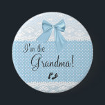 I'm The Grandma Blue Lace 7.5 Cm Round Badge<br><div class="desc">This adorable badge or pin back button tells all your baby shower guests "I'm the Grandma". Blue and white Swiss dotted background with lace, a pretty bow and baby footprints. Personalise this badge for all family relatives! Perfect for sister, aunt, great grandmother, Godmother or MOMMY! Make one for everyone! This...</div>