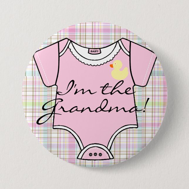 I'm The Grandma on Pink Plaid with Yellow Duck 7.5 Cm Round Badge (Front)