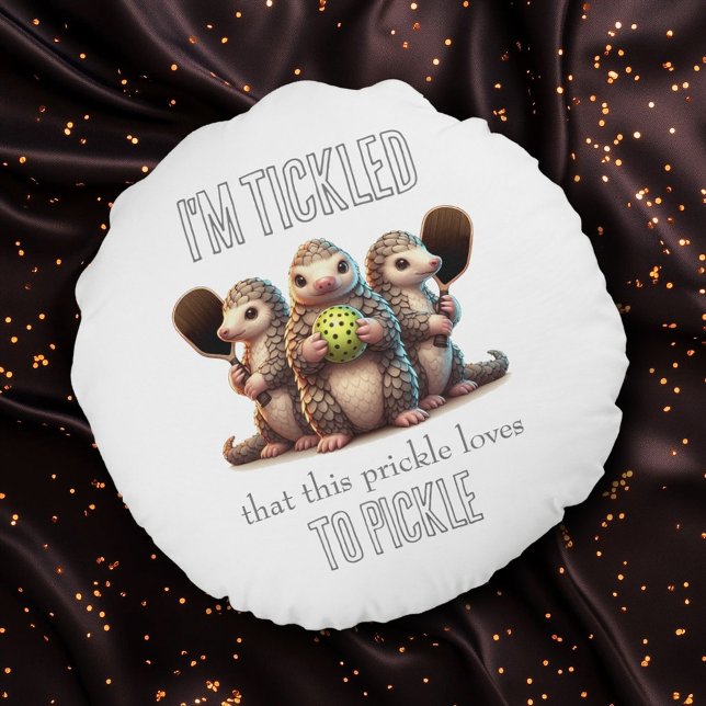 I'm Tickled that This Prickle Loves to Pickle Round Cushion (Pickleballing Pangolins Round Pillow Cover Photo)