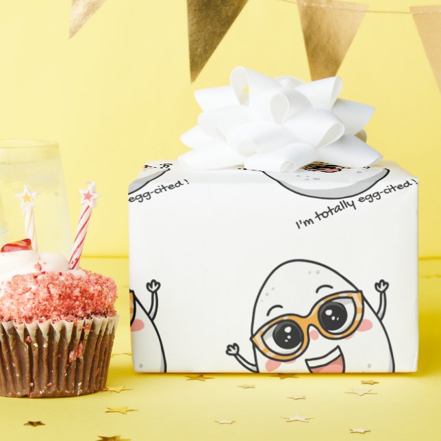 I'm Totally Egg-cited cheerful egg wearing glasses Wrapping Paper (Birthday Party)