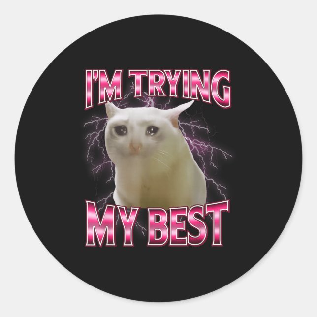 I'm Trying My Silly Crying Cat Meme Funny Cats Ani Classic Round Sticker (Front)