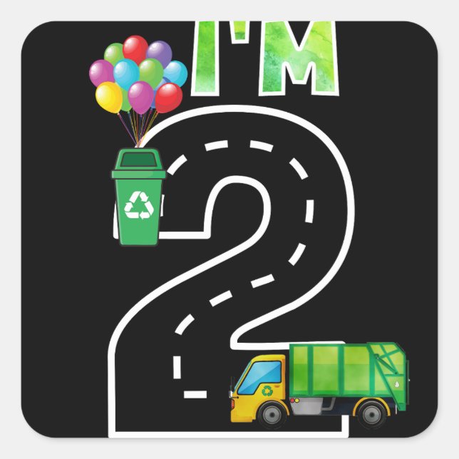 I'm Two 2 Years Old Birthday Boy Garbage Truck Square Sticker (Front)