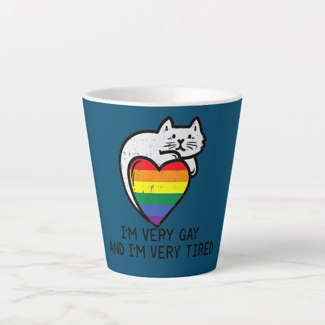 I'm Very Gay And Very Tired Funny LGBT Cat Pride Latte Mug (Front)