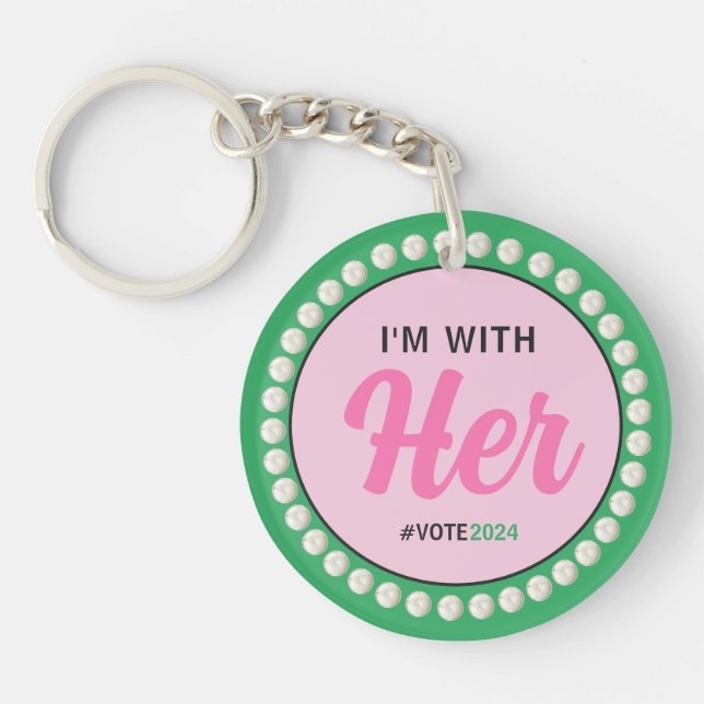 I'M WITH HER 2024 Pearls & Clover (Pink Green) Key Ring (Front)