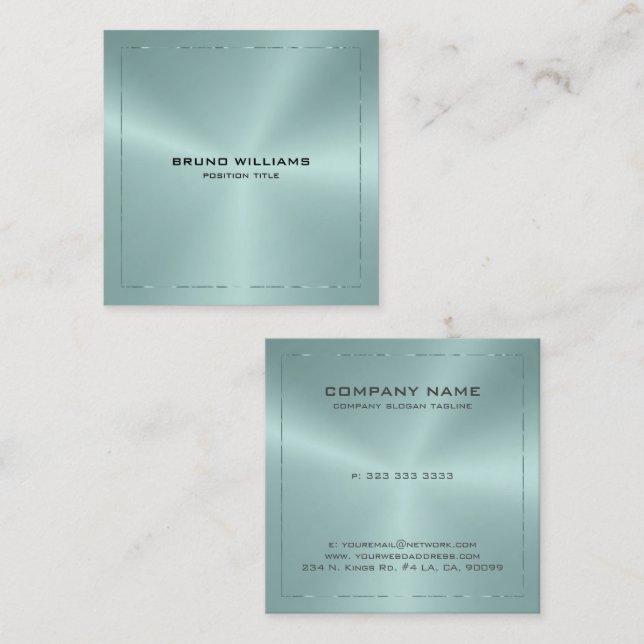 Image of a metallic blue-green shine border square business card (Front/Back)