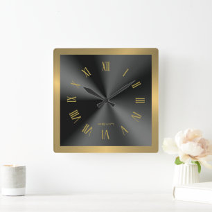 Image of Black & Gold & Metallic Stainless Steel Square Wall Clock