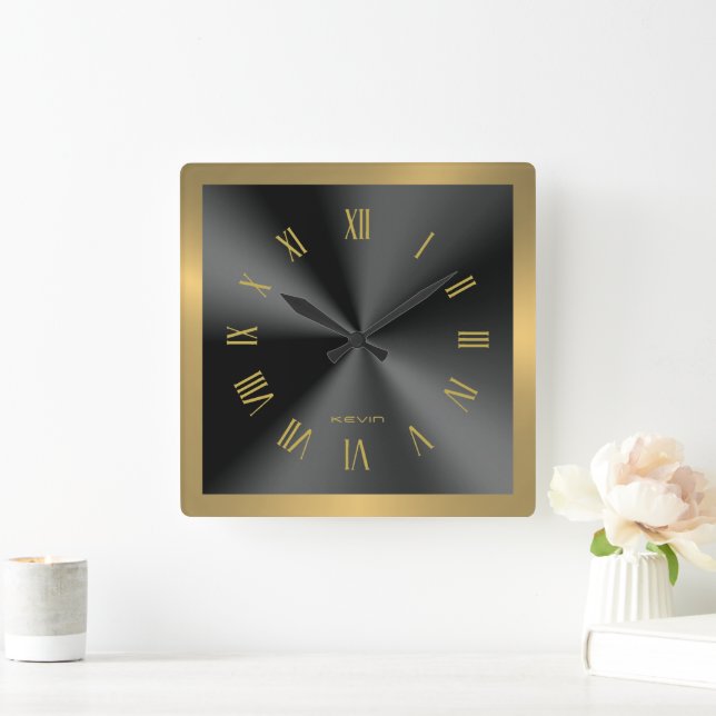 Image of Black & Gold & Metallic Stainless Steel Square Wall Clock (Home)