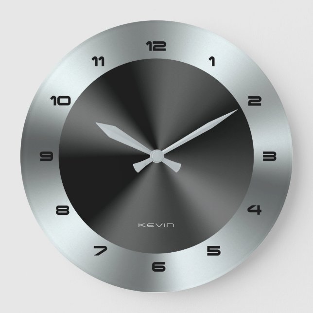 Image of Black & Silver & Metallic Stainless Steel Large Clock (Front)