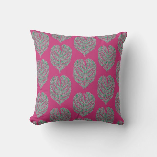 Image of Green Sketched Monstera Leaf Pattern Cushion (Front)