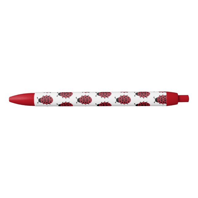 Image of Red and Black Ladybug Pattern Black Ink Pen (Front)