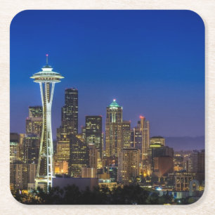 Image of Seattle Skyline in morning hours. Square Paper Coaster