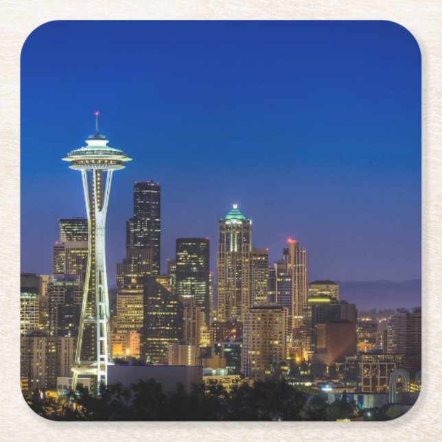 Image of Seattle Skyline in morning hours. Square Paper Coaster (Front)