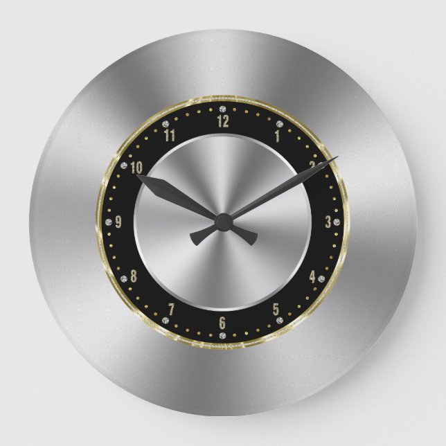 Image of Shiny Faux Silver-Grey Stainless Steel Large Clock (Front)