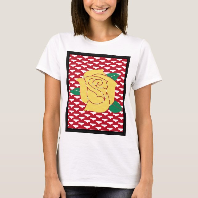 Image of Yellow Rose on Abstract Red Background T-Shirt (Front)