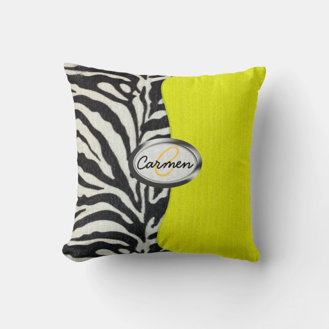 Image of zebra print and neon yellow monogram cushion (Front)