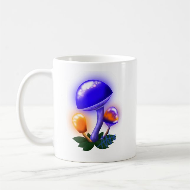 Imaginary White Dapperling Orange & Blue Mushroom Coffee Mug (Left)