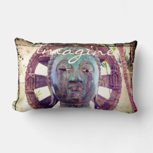 Imagine, Asian Turquoise Metal Buddha Statue Photo Lumbar Cushion