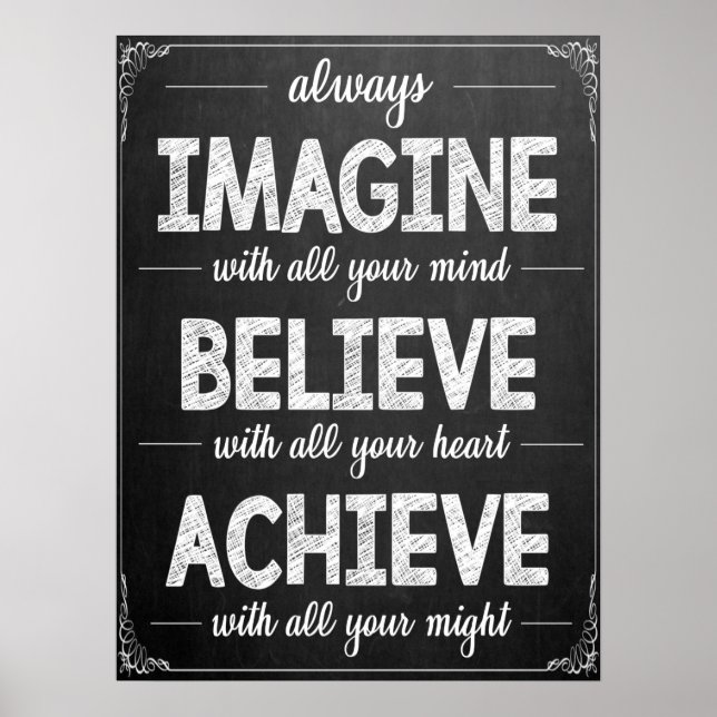 Imagine Believe Achieve Black And White Classroom Poster (Front)