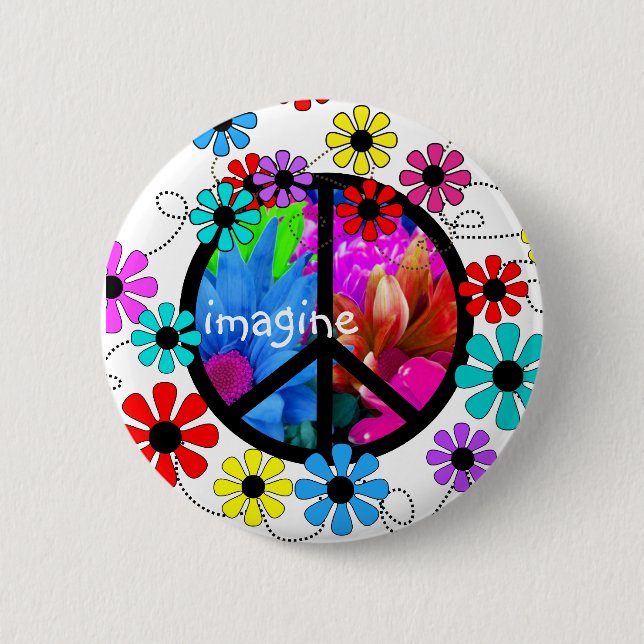 Imagine Peace Symbol and Retro Flowers 6 Cm Round Badge (Front)