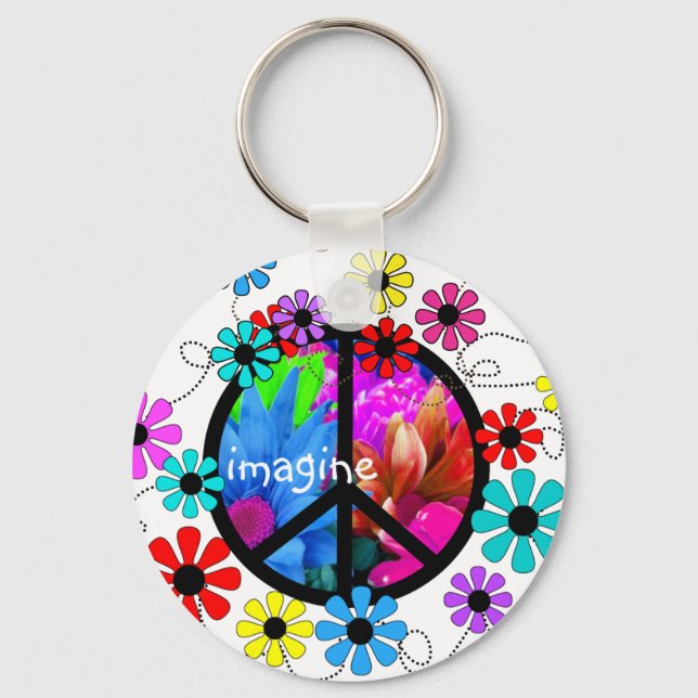 Imagine Peace Symbol and Retro Flowers Key Ring (Front)