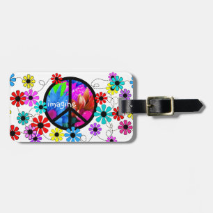Imagine Peace Symbol and Retro Flowers Luggage Tag