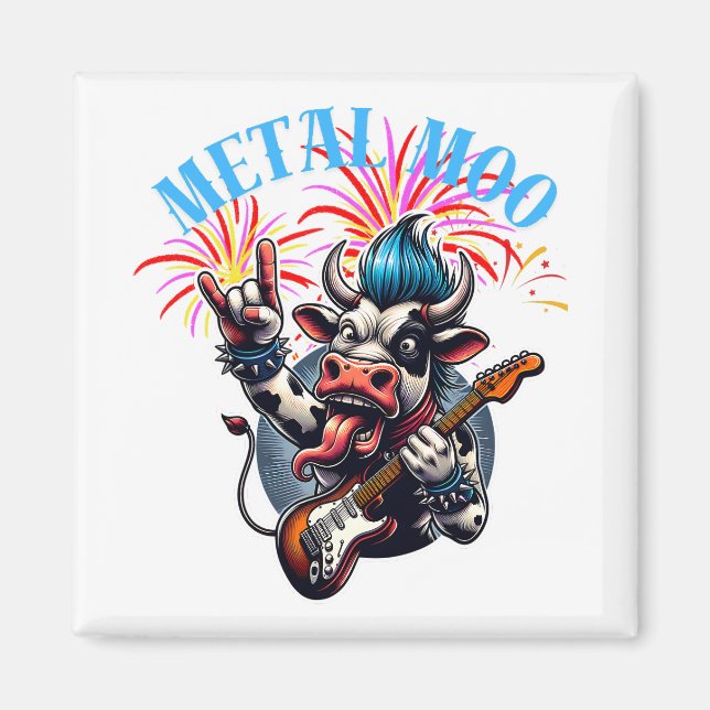 Imán-metal moo d rockin cow with a guitar magnet (Front)