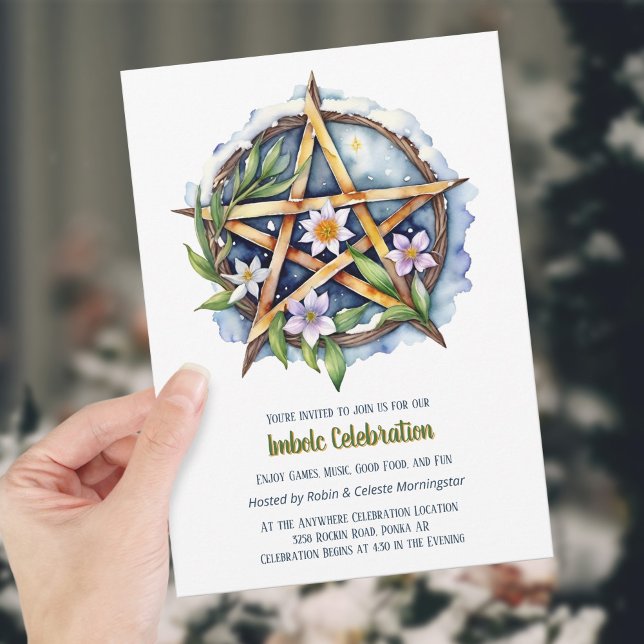 Imbolc Floral Snowy Pentacle Wiccan Holiday Invitation (Imbolc Floral Snowy Pentacle Wiccan Holiday Invitation)