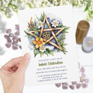 Imbolc Floral Snowy Pentacle Wiccan Holiday Invitation