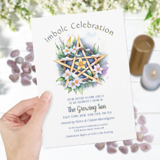 Imbolc Floral Snowy Pentacle Wiccan Holiday Invitation