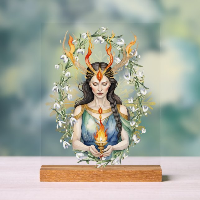 Imbolc Wiccan Goddess Flame & Golden Snowflake Acrylic Sign (Neutral)