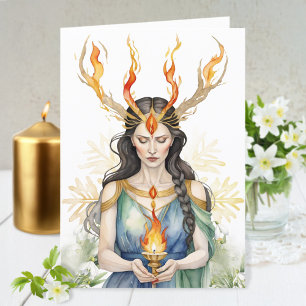 Imbolc Wiccan Goddess Flame & Golden Snowflake Holiday Card