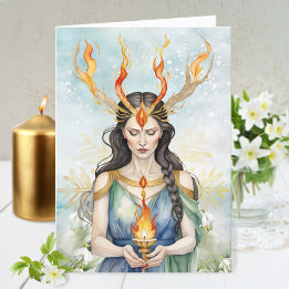 Imbolc Wiccan Goddess Flame & Golden Snowflake Holiday Card