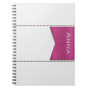 Imitation of white leather, seams, pink label notebook