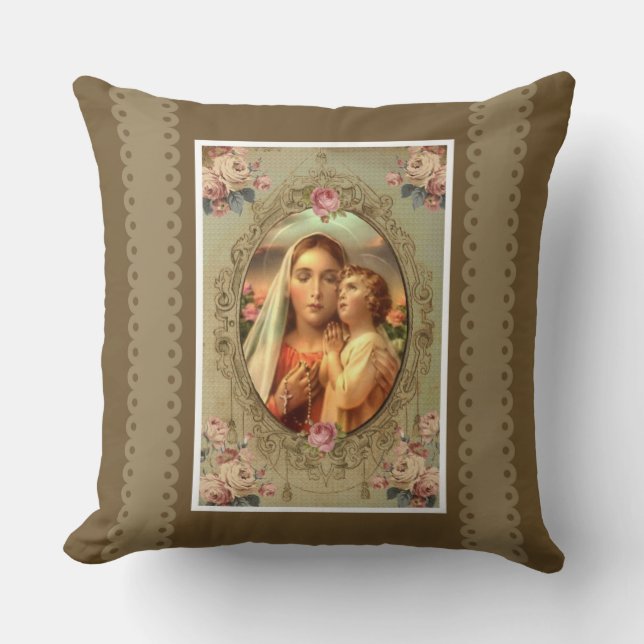 Immaculate Heart Mary Child Jesus rosary roses Cushion (Front)