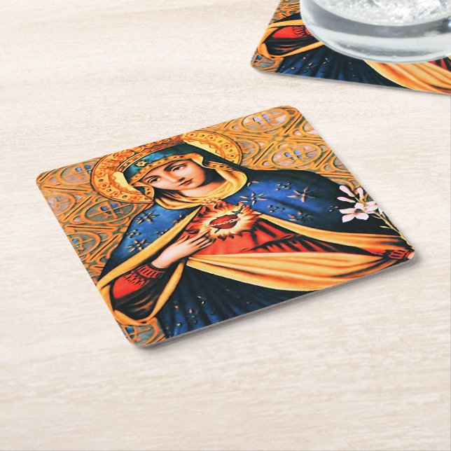 Immaculate Heart of Mary Square Paper Coaster (Angled)