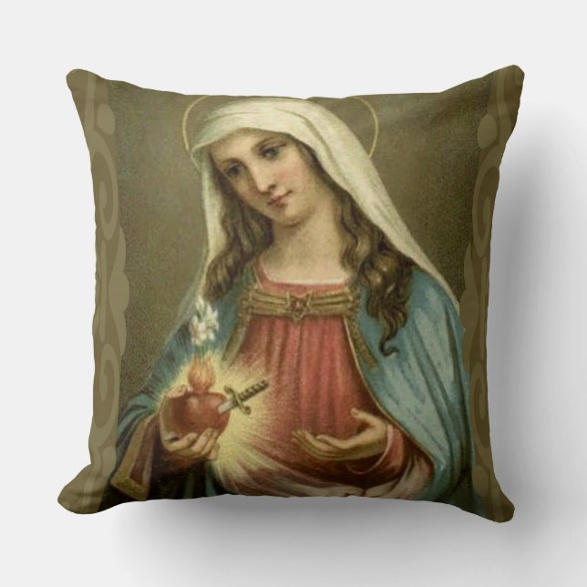 Immaculate Heart Virgin Mary Angels Clouds Cushion (Front)