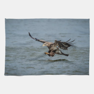 Immature Bald Eagle diving for a fish Tea Towel