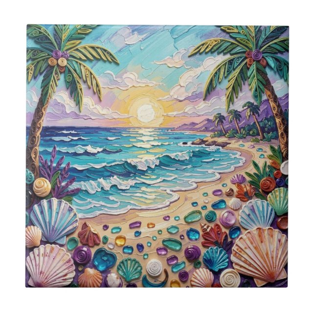 Impasto Beach and Sea Glass Sunset and Palm Trees Ceramic Tile (Front)