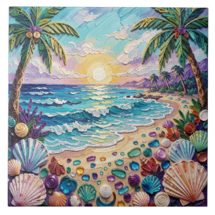 Impasto Beach and Sea Glass Sunset and Palm Trees Ceramic Tile