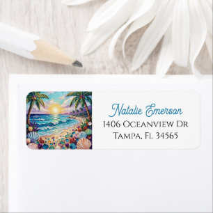 Impasto Beach and Sea Glass Sunset and Palm Trees Return Address Label
